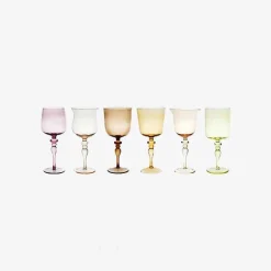 Sale Set Of 6 Goblets Adorned Stems Mixed Shapes - Amber Pink Tableware