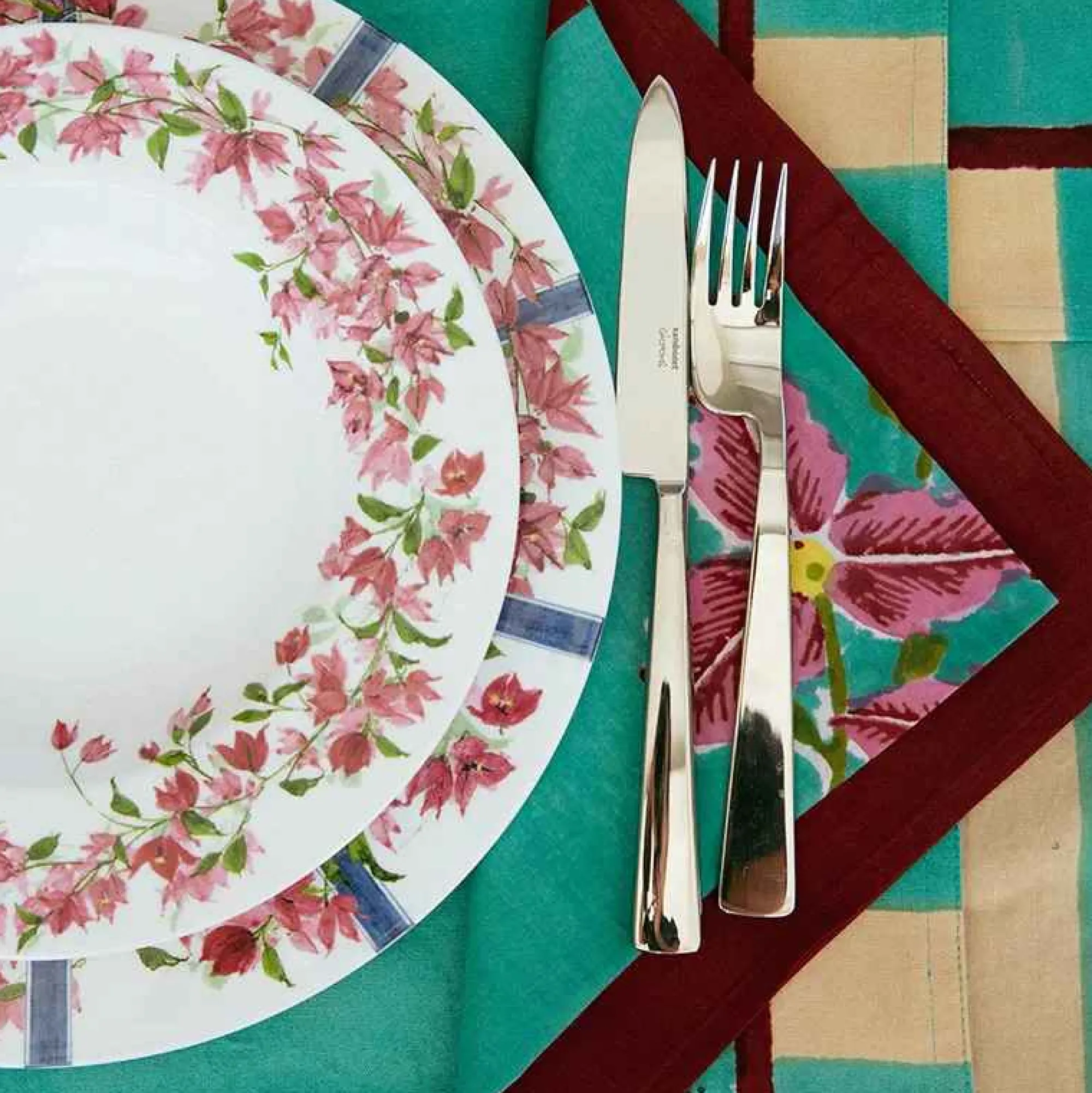 X Lisa Corti Bougainvillea White Veronese Stripes Napkin Tableware