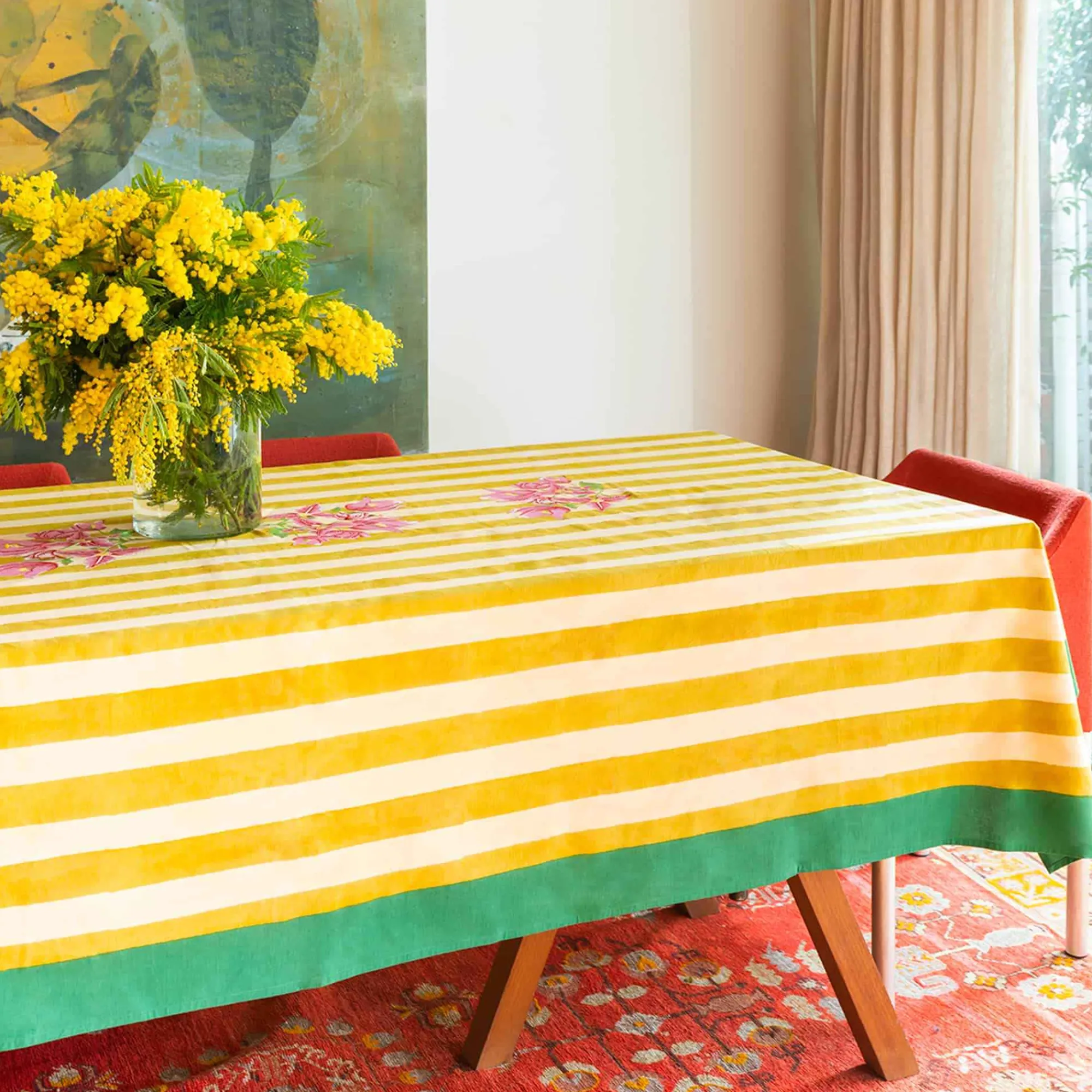 New X Lisa Corti Bougainvillea Mustard Stripes Tablecloth Tableware