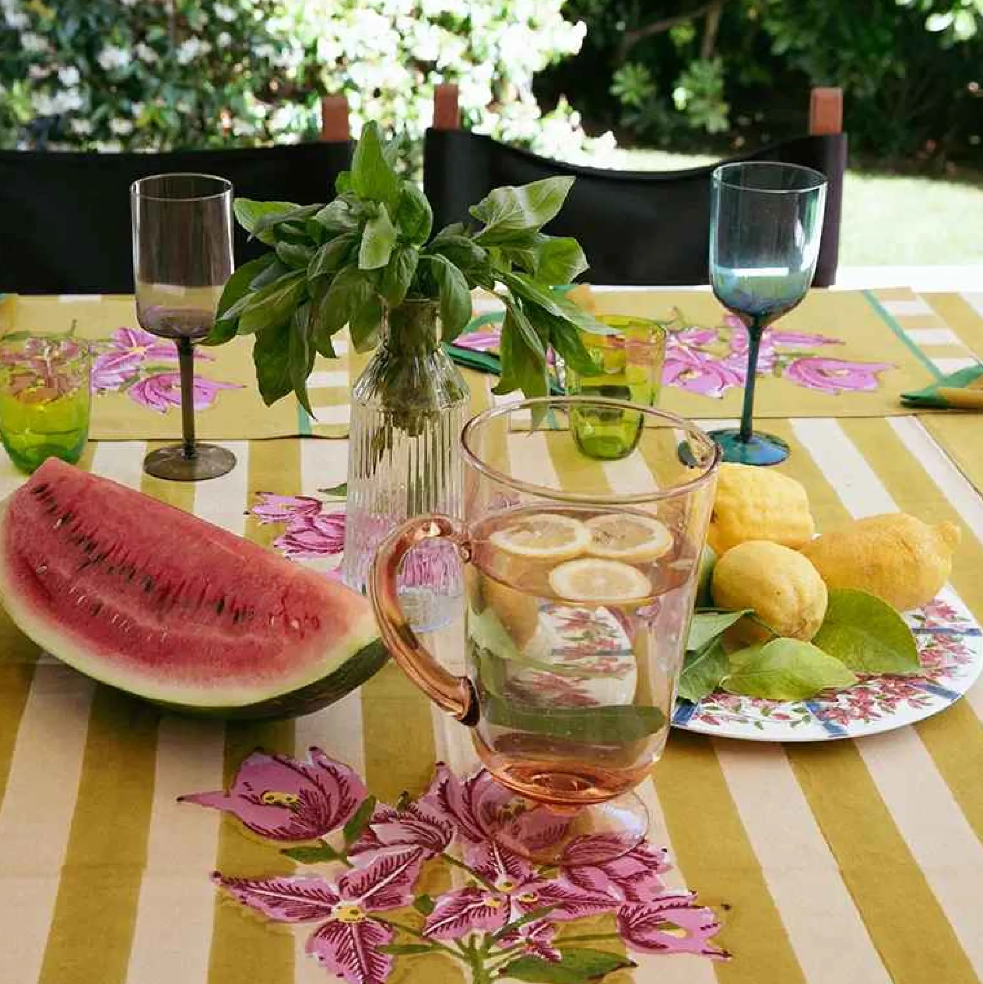Discount X Lisa Corti Bougainvillea Mustard Stripes Square Tablecloth Tableware