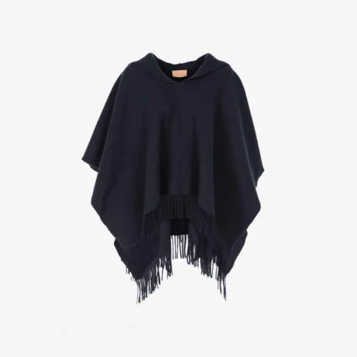 Discount - Fringed Poncho Dark Blue Outerwear